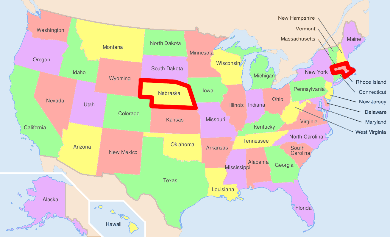 Carte des USA avec les États de départ et d'arrivée des lettres de Milgram