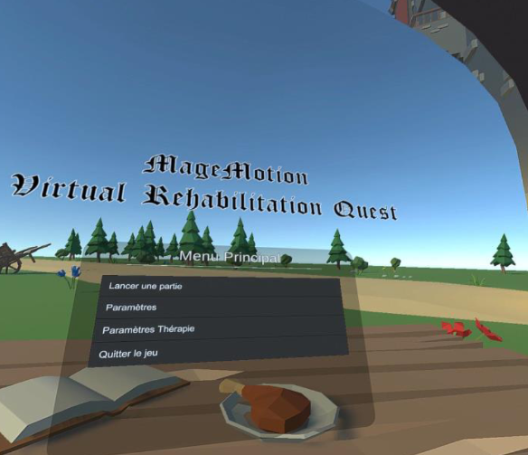 Capture d'écran du menu principal de l'application VR-Rehab.