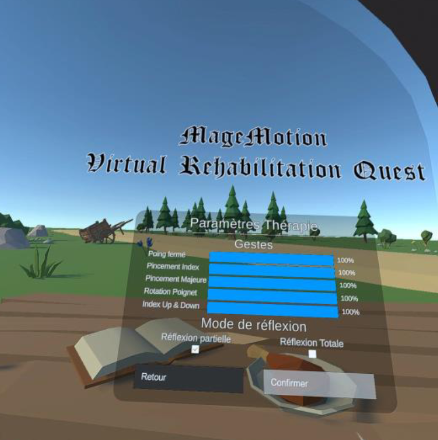 Capture d'écran du menu des paramètres de l'application VR-Rehab.